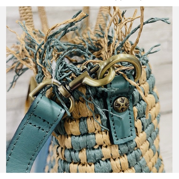Patricia Nash Leather Turquoise Blue and Tan Straw Woven Tote - Picture 5 of 11